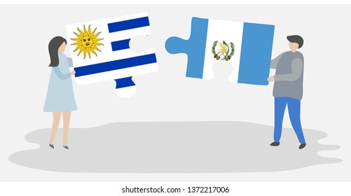 Couple holding two puzzles pieces with Uruguayan and Guatemalan flags. Uruguay and Guatemala national symbols together.