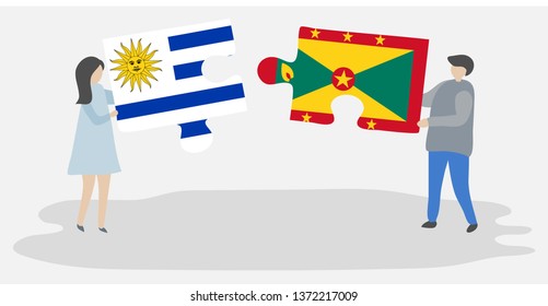 Couple holding two puzzles pieces with Uruguayan and Grenadian flags. Uruguay and Grenada national symbols together.