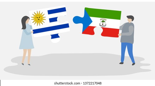 Couple holding two puzzles pieces with Uruguayan and Equatorial Guinean flags. Uruguay and Equatorial Guinea national symbols together.