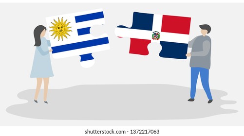 Couple holding two puzzles pieces with Uruguayan and Dominican flags. Uruguay and Dominican Republic national symbols together.