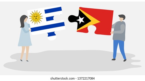 Couple holding two puzzles pieces with Uruguayan and Timorese flags. Uruguay and East Timor national symbols together.