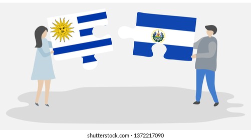 Couple holding two puzzles pieces with Uruguayan and Salvadoran flags. Uruguay and El Salvador national symbols together.