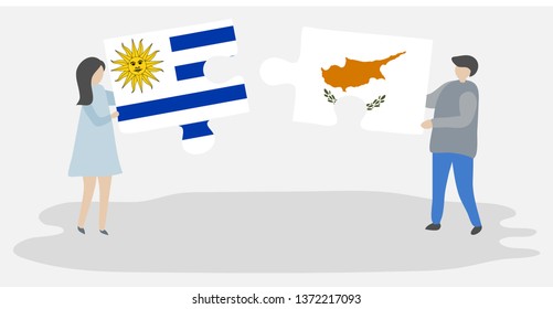 Couple holding two puzzles pieces with Uruguayan and Cypriot flags. Uruguay and Cyprus national symbols together.