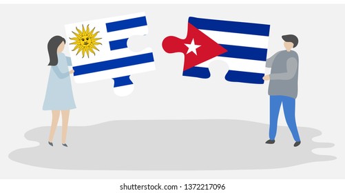 Couple holding two puzzles pieces with Uruguayan and Cuban flags. Uruguay and Cuba national symbols together.