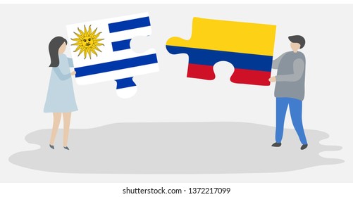 Couple holding two puzzles pieces with Uruguayan and Colombian flags. Uruguay and Colombia national symbols together.