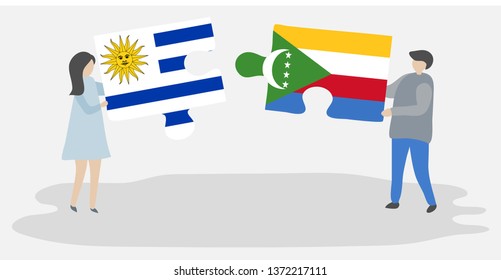 Couple holding two puzzles pieces with Uruguayan and Comoran flags. Uruguay and Comoros national symbols together.