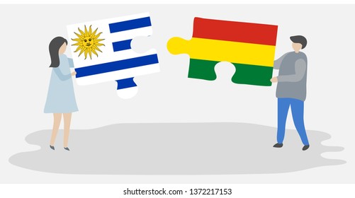 Couple holding two puzzles pieces with Uruguayan and Bolivian flags. Uruguay and Bolivia national symbols together.