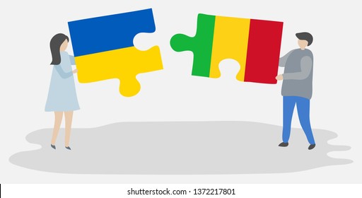 Couple holding two puzzles pieces with Ukrainian and Malian flags. Ukraine and Mali national symbols together.