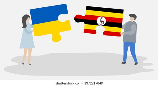 Couple holding two puzzles pieces with Ukrainian and Ugandan flags. Ukraine and Uganda national symbols together.