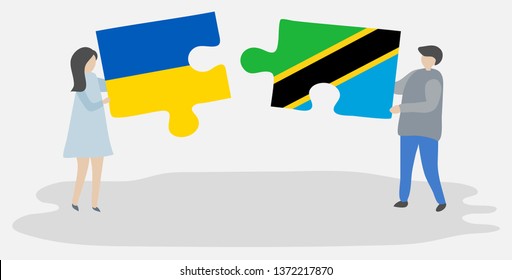 Couple holding two puzzles pieces with Ukrainian and Tanzanian flags. Ukraine and Tanzania national symbols together.