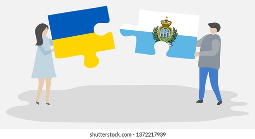 Couple holding two puzzles pieces with Ukrainian and Sammarinese flags. Ukraine and San Marino national symbols together.