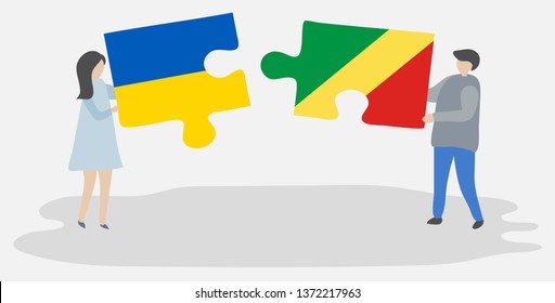 Couple holding two puzzles pieces with Ukrainian and Congolese flags. Ukraine and Republic of the Congo national symbols together.