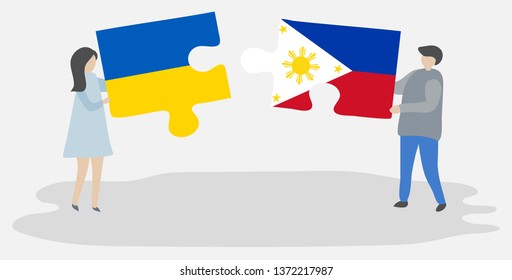 Couple holding two puzzles pieces with Ukrainian and Filipino flags. Ukraine and Philippines national symbols together.