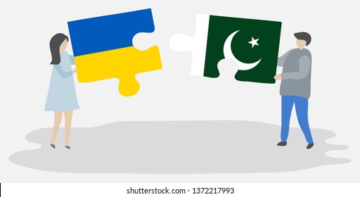 Couple holding two puzzles pieces with Ukrainian and Pakistani flags. Ukraine and Pakistan national symbols together.