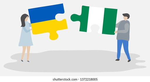 Couple holding two puzzles pieces with Ukrainian and Nigerian flags. Ukraine and Nigeria national symbols together.