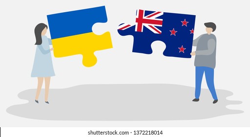 Couple holding two puzzles pieces with Ukrainian and NZ flags. Ukraine and New Zealand national symbols together.