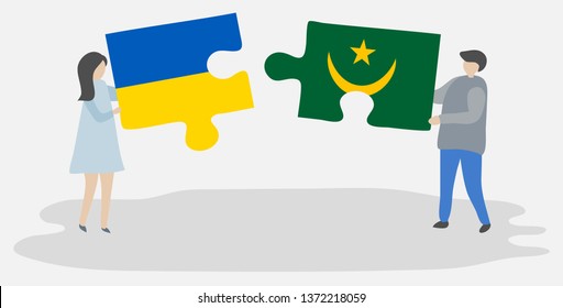 Couple holding two puzzles pieces with Ukrainian and Mauritanian flags. Ukraine and Mauritania national symbols together.