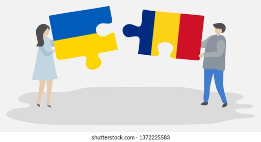 Couple holding two puzzles pieces with Ukrainian and Romanian flags. Ukraine and Romania national symbols together.
