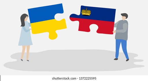 Couple holding two puzzles pieces with Ukrainian and Liechtenstein flags. Ukraine and Liechtenstein national symbols together.