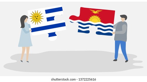 Couple holding two puzzles pieces with Uruguayan and I-Kiribati flags. Uruguay and Kiribati national symbols together.