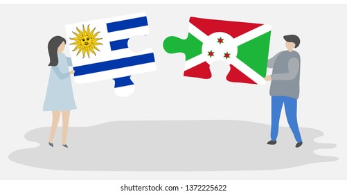 Couple holding two puzzles pieces with Uruguayan and Burundian flags. Uruguay and Burundi national symbols together.
