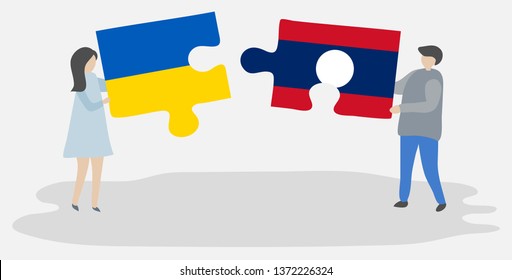 Couple holding two puzzles pieces with Ukrainian and Lao flags. Ukraine and Laos national symbols together.