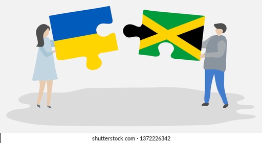 Couple holding two puzzles pieces with Ukrainian and Jamaican flags. Ukraine and Jamaica national symbols together.