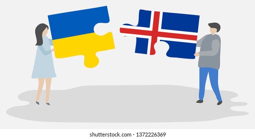 Couple holding two puzzles pieces with Ukrainian and Icelandic flags. Ukraine and Iceland national symbols together.