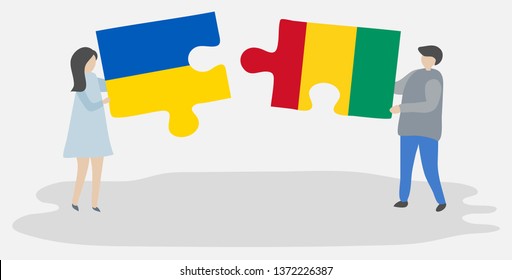 Couple holding two puzzles pieces with Ukrainian and Guinean flags. Ukraine and Guinea national symbols together.