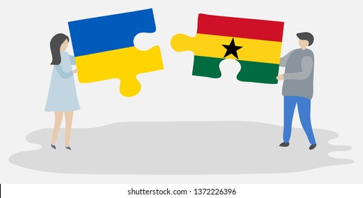 Couple holding two puzzles pieces with Ukrainian and Ghanaian flags. Ukraine and Ghana national symbols together.