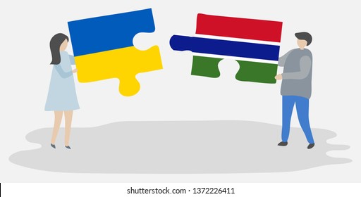 Couple holding two puzzles pieces with Ukrainian and Gambian flags. Ukraine and Gambia national symbols together.