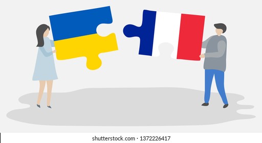 Couple holding two puzzles pieces with Ukrainian and French flags. Ukraine and France national symbols together.