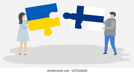 Couple holding two puzzles pieces with Ukrainian and Finnish flags. Ukraine and Finland national symbols together.