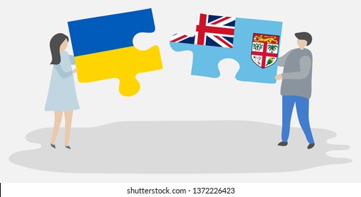 Couple holding two puzzles pieces with Ukrainian and Fijian flags. Ukraine and Fiji national symbols together.