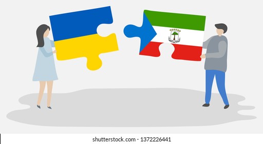 Couple holding two puzzles pieces with Ukrainian and Equatorial Guinean flags. Ukraine and Equatorial Guinea national symbols together.