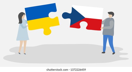 Couple holding two puzzles pieces with Ukrainian and Czech flags. Ukraine and Czech Republic national symbols together.