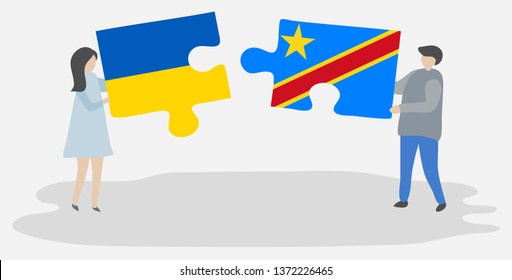 Couple holding two puzzles pieces with Ukrainian and Congolese flags. Ukraine and Democratic Republic of the Congo national symbols together.