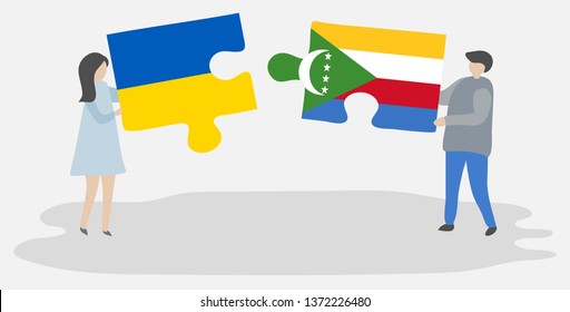 Couple holding two puzzles pieces with Ukrainian and Comoran flags. Ukraine and Comoros national symbols together.