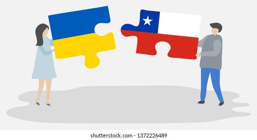 Couple holding two puzzles pieces with Ukrainian and Chilean flags. Ukraine and Chile national symbols together.