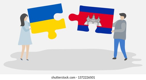 Couple holding two puzzles pieces with Ukrainian and Cambodian flags. Ukraine and Cambodia national symbols together.