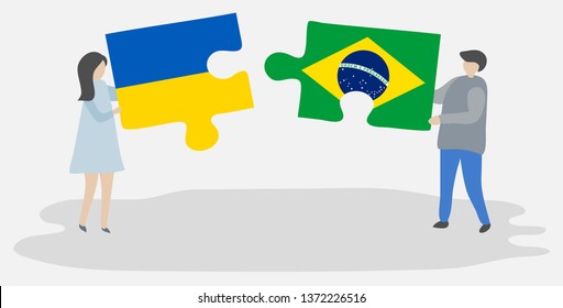 Couple holding two puzzles pieces with Ukrainian and Brazilian flags. Ukraine and Brazil national symbols together.
