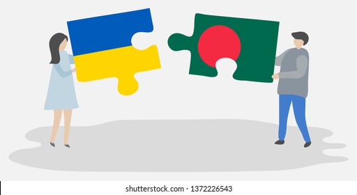 Couple holding two puzzles pieces with Ukrainian and Bangladeshi flags. Ukraine and Bangladesh national symbols together.