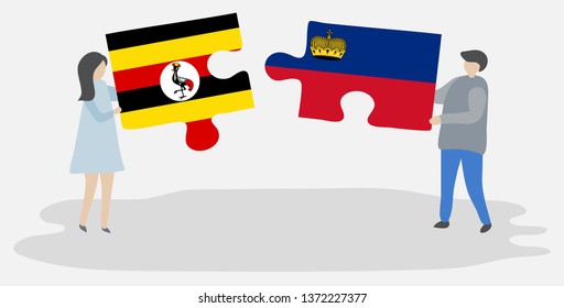 Couple holding two puzzles pieces with Ugandan and Liechtenstein flags. Uganda and Liechtenstein national symbols together.
