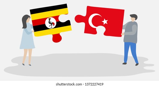 Couple holding two puzzles pieces with Ugandan and Turkish flags. Uganda and Turkey national symbols together.