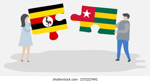 Couple holding two puzzles pieces with Ugandan and Togolese flags. Uganda and Togo national symbols together.