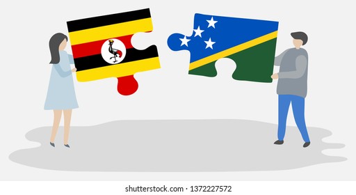 Couple holding two puzzles pieces with Ugandan and Solomon Island flags. Uganda and Solomon Islands national symbols together.