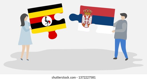 Couple holding two puzzles pieces with Ugandan and Serbian flags. Uganda and Serbia national symbols together.