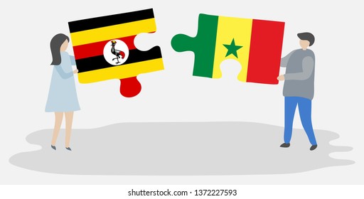 Couple holding two puzzles pieces with Ugandan and Senegalese flags. Uganda and Senegal national symbols together.