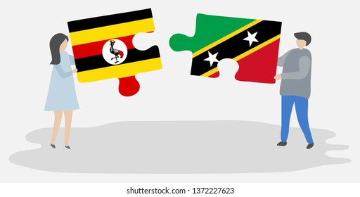 Couple holding two puzzles pieces with Ugandan and Kittitian flags. Uganda and Saint Kitts and Nevis national symbols together.