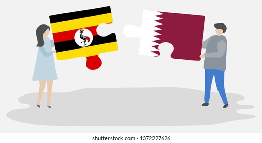 Couple holding two puzzles pieces with Ugandan and Qatari flags. Uganda and Qatar national symbols together.
